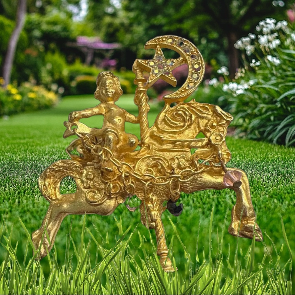 KIRKS FOLLY✨VINTAGE✨Carousel Horse Star Moon Clear Rhinestone Brooch Gold